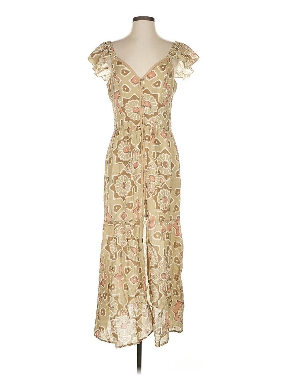 Women’s Dress Let Me Be Anthropologie Small Light Flowy Ruffles Tan Brown Midi